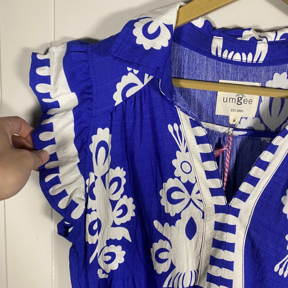 NWT Umgee Blue Medallion Tiered Babydoll Mini Dress Ruffle Sleeve Womens Medium - Picture 3 of 9